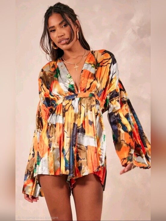 PrettyLittleThing Pants - PrettyLittleThing Multicolored  V-Neck Pleated Romper-Size 10 *NWT*